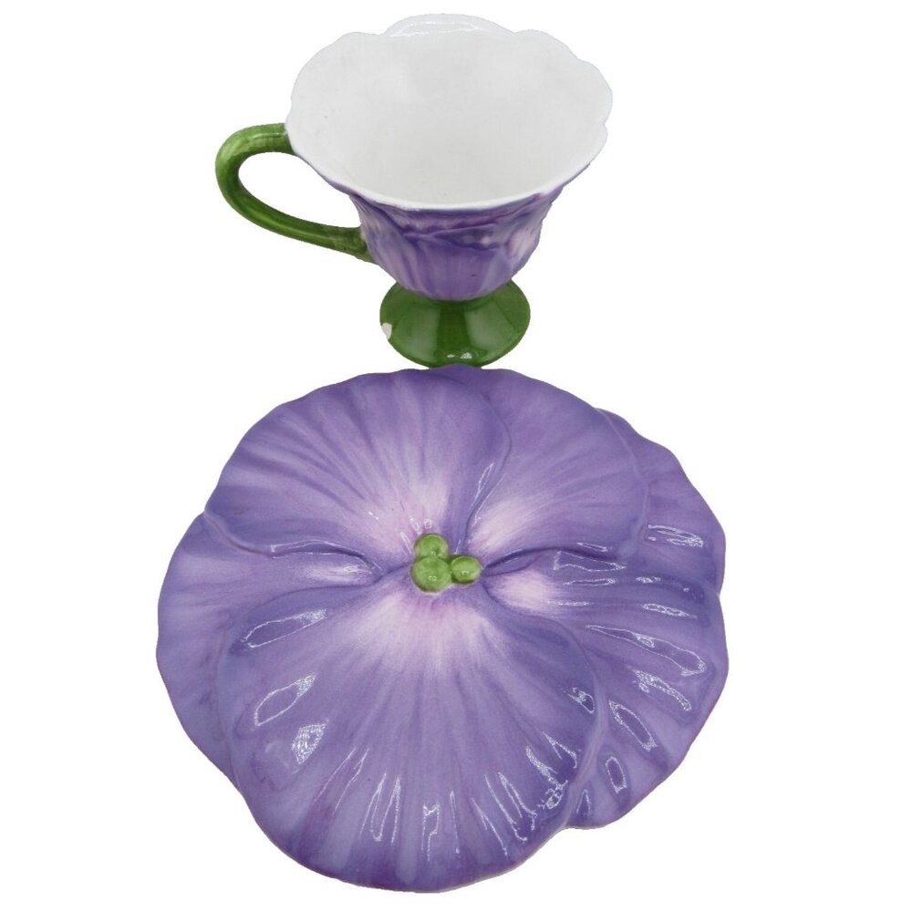 Vintage Teleflora Gift Purple Rose Tea Cup & Saucer Small Chip Near Bottom